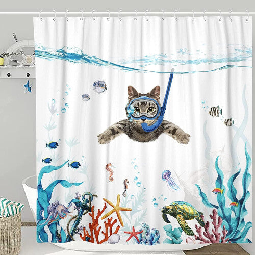 (150x180cm) Diving Kitten Shower Curtain Polyester Shower Curtains Waterproof