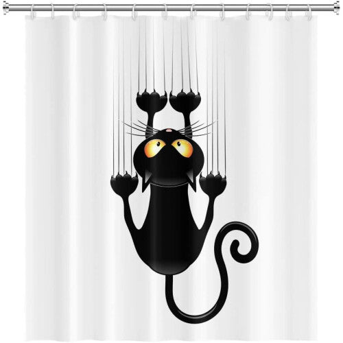 180x198cm Black Cat with Paws Shower Curtain Cute Funny Cat Kitty Bath Curtain White Background Polyester Bathtub Curtain for Bathroom with Hooks