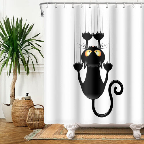 180x198cm Black Cat with Paws Shower Curtain Cute Funny Cat Kitty Bath Curtain White Background Polyester Bathtub Curtain for Bathroom with Hooks