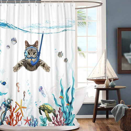 (180x230cm) Diving Kitten Shower Curtain Polyester Shower Curtains Waterproof