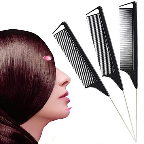 3 Pcs Tail Comb Professional Salon Hairdressing Anti-Static and Heat Resistant Rat Pin Tail Hair Comb with Stainless Steel Handle, Fine Tooth Com