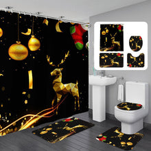 (3Pcs Set) 180x180 Waterproof Christmas Elk Shower Curtain Set Non-slip Bath Mat Toilet Lid Cover Floor Mat Set