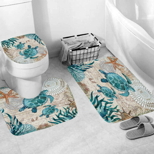 (3pcs Turtle  Toilet Mat, One Size) Fabric Home Decor Bathroom Accessories Waterproof Turtle Octopus Shower Curtain