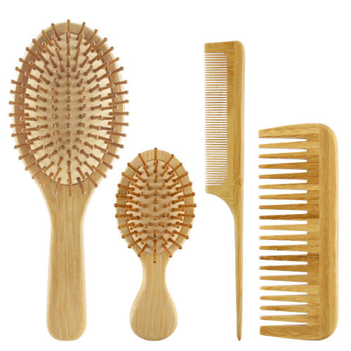 4 Piece Bamboo Hairbrush And Comb Set With Paddle For Detangling Hairbrushes