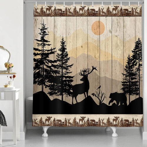 (48 x 70) Rural style shower curtain set, cute bear deer forest printed wooden fabric shower curtain bathroom accessory, with 12 hooks, yellow brown, 72X72 inch