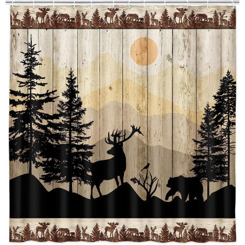 (48 x 70) Rural style shower curtain set, cute bear deer forest printed wooden fabric shower curtain bathroom accessory, with 12 hooks, yellow brown, 72X72 inch