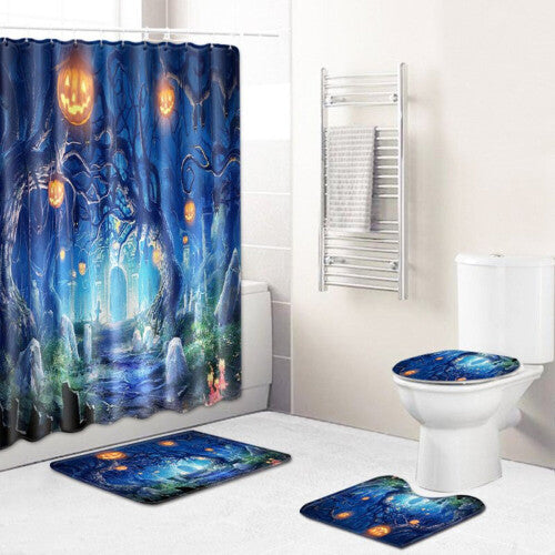 4Pcs/Set Halloween Series Toilet Cover Mat Non Slip Rug Bathroom Shower Curtain Set PJ19822-A028_180*180 shower curtain +45*75 three-piece floor mat s