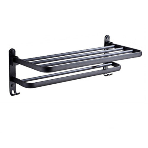 50CM Black Towel Rack Wall Mounted Folding Towel Holder Storage Shelf with Hook Bathroom Access