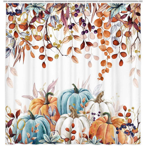 (60x70, Multi4) Autumn Harvest Thanksgiving Pumpkin Shower Curtain, Maple Leaf Bathroom Accessories Plant Bathroom Curtain Lining Hook Set, 72X72 inches