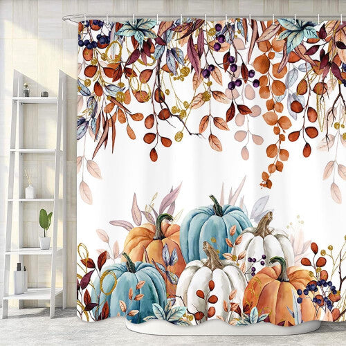 (60x70, Multi4) Autumn Harvest Thanksgiving Pumpkin Shower Curtain, Maple Leaf Bathroom Accessories Plant Bathroom Curtain Lining Hook Set, 72X72 inches