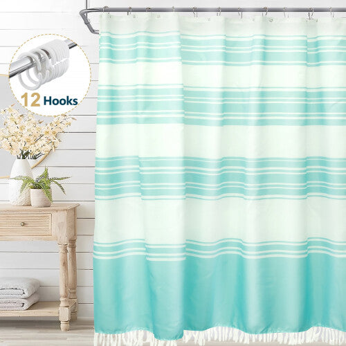 (72inchx72inch, Blue) Dznils Boho Fabric Shower Curtain with Tassel, Farmhouse Striped Bathroom Curtain, Gray, 72" x 72"