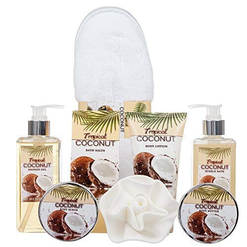 8 Piece Deluxe Tropical Coconut Body & Bath Gift Set - Includes all Bathing Essentials Complete with Large Basket and Bow Ribbon