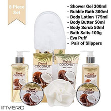 8 Piece Deluxe Tropical Coconut Body & Bath Gift Set - Includes all Bathing Essentials Complete with Large Basket and Bow Ribbon