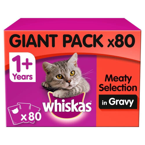 80pc Whiskas 1+ Cat Food Pouches Meat Selection In Gravy