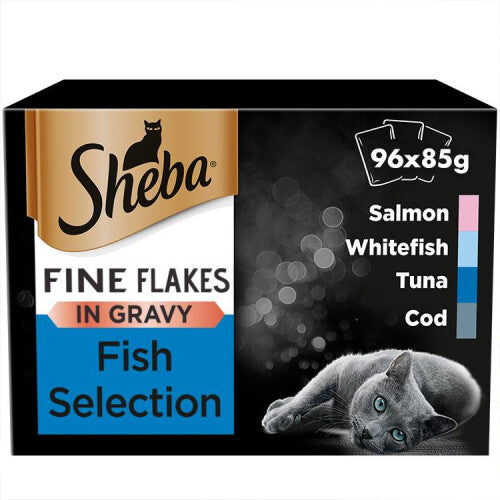 96 x 85g Sheba Fine Flakes Luxury Adult Wet Cat Food Mixed Fish in Gravy