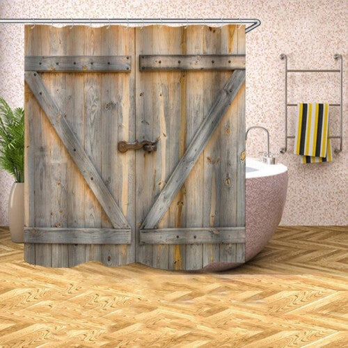 (A, 180X180cm) Bath Curtain Waterproof With Hooks Shower Curtain Rustic Wood Barn Door Pattern