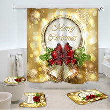 (A) 180x180cm Golden Bell Bow Waterproof Shower Curtain 3-in-1 Non-slip Odorless Bath Mat Kit