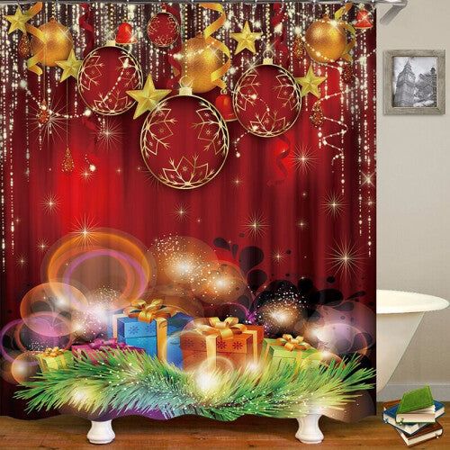 (A) Christmas Gift Boxes In Snow Bathroom Shower Curtain Waterproof Fabric &12 Hooks