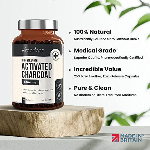 Activated Charcoal Capsules - 250 Capsules - 2004mg per Serving of 6 Capsules - from Natural Coconut Shell - for Indigestion, Bloating, Excessive