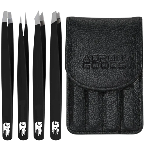 AdroitGoods Tweezers Epilating Set - with Leather Case - 4 Pcs