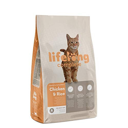 Amazon Brand - Lifelong - Complete Dry Cat Food Rich in Chicken & Rice for Adult Cats, 1 Pack of 3 kg