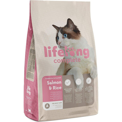 Amazon Brand - Lifelong - Complete Dry Cat Food with Salmon & Rice for Adult Cats, 1 Pack of 3 kg