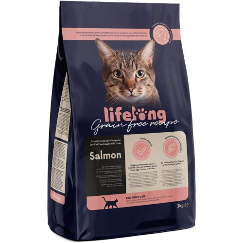 Amazon Brand - Lifelong Dry Cat Food for Adult Cats, Grainfree Recipe with Fresh Salmon, 1 Pack of 3kg