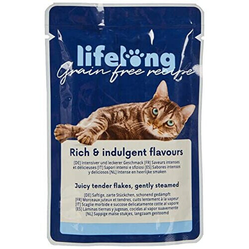 Amazon Brand - Lifelong Grainfree Complete Adult Cat Wet Food - Chicken, Duck, Turkey and Beef In Jelly Selection, 4.76 kg (56 pouches x 85g)