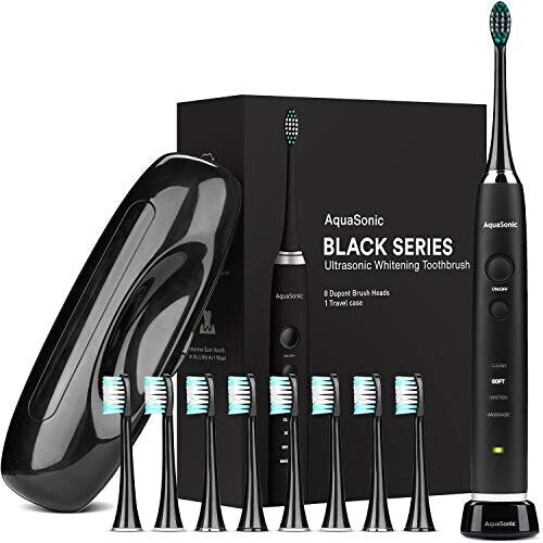 AquaSonic Black Series Ultra Whitening Toothbrush - 8 DuPont Brush Heads & Travel Case Included - Ultra Sonic 40,000 VPM Motor & Wireless Charging - 4