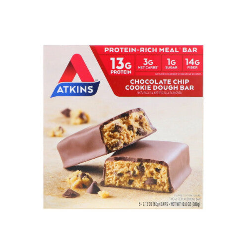 Atkins, Meal, Chocolate Chip Cookie Dough Bar, 5 Bars, 60g Each