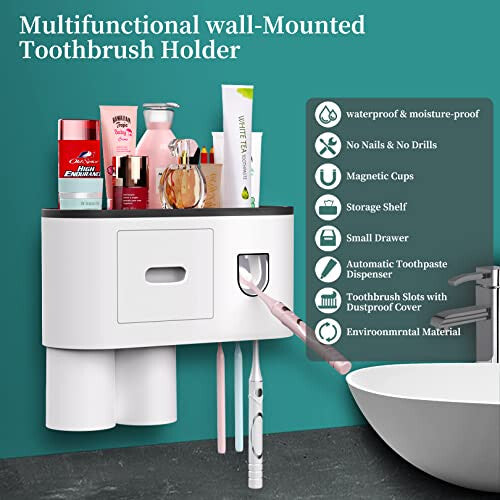 Automatic Toothpaste Dispenser Squeezer Kit Wall Mounted with Toothbrush Holder, 4 Toothbrush Slot with Dustproof Cover, 2 Magnetic Cups,