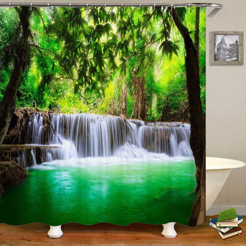 (B, 180x180cm) 12 Hooks Waterproof Bamboo Waterfall Pattern Mildewproof Bath Curtain Shower Curtains