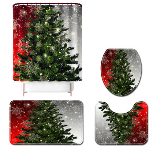 (B) 180x180CM Christmas Tree Shower Curtain Set Non-Slip Rugs Toilet Lid Cover Bath Mat Bathroom Decor Set