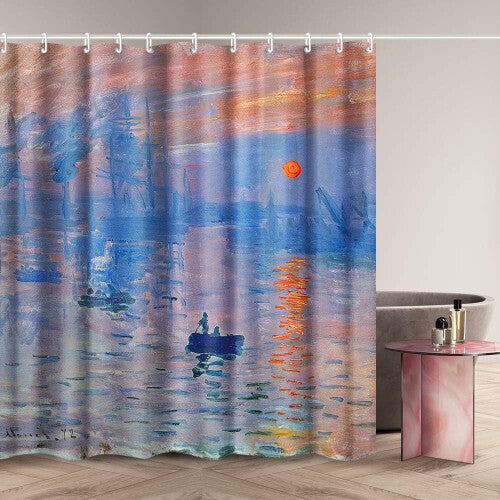 Bathroom Shower Curtain Set with Hooks,Impression Sunrise by Claude Monet,Home Art Paintings Pictures for Bathroom