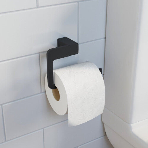 Bathroom WC Set Robe Hook Toilet Roll Holder Black Square Wall Mounted Stylish