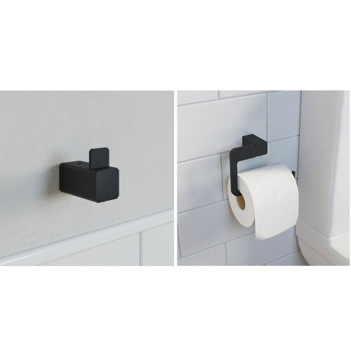 Bathroom WC Set Robe Hook Toilet Roll Holder Black Square Wall Mounted Stylish