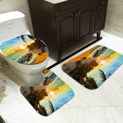 Beach Shower Curtain Waterproof Bathroom Suit Sunset Beach Printing Bath Curtain Non-Slip Floor Carpet Rug Lid Toilet Cover Set