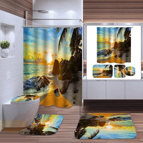 Beach Shower Curtain Waterproof Bathroom Suit Sunset Beach Printing Bath Curtain Non-Slip Floor Carpet Rug Lid Toilet Cover Set