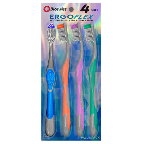 BioSwiss Toothbrush  ErgoFlex Pack of 4 Toothbrushes with Rubber Grips