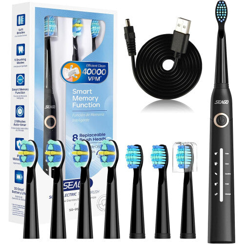 (Black) Electric Toothbrush, Rechargeable Electric Toothbrush with 8 Brush Heads, 40,000 VPM, 5 Cleaning Modes with Teeth Whitening, 30 Day Battery Life