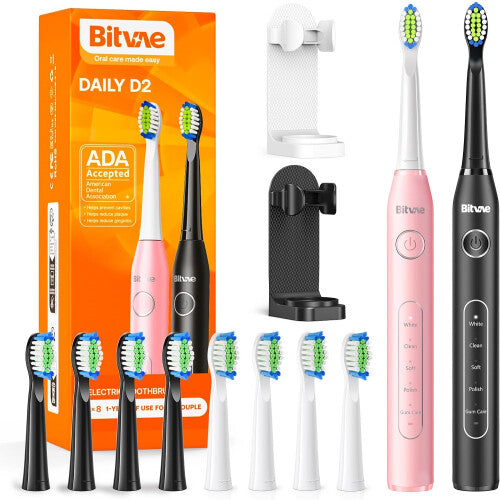 (Black & Pink, 2 Packs) Sonic Toothbrush with Stand, Dual Ultrasonic Electronic Toothbrush 8 Brush Heads 5 Modes, Rechargeable Electric Toothbrush, 30 Days Use, Black