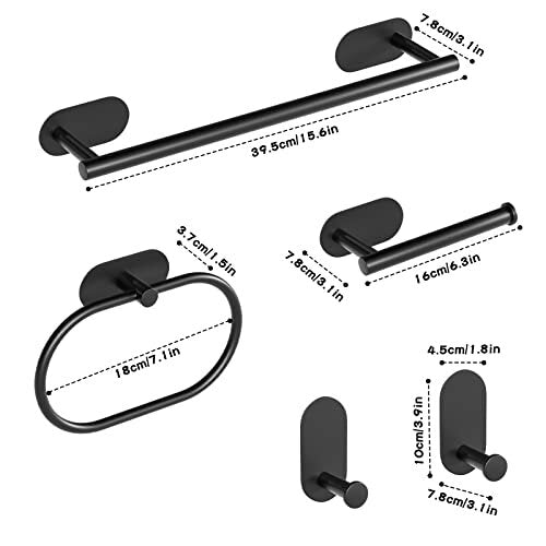 Black Towel Rail Wall Mounted Toilet Roll Holder Hand Towel Holders For Bathrooms & Kitchen Stainless Steel Towel Rack Self Adhesive Hooks - 5 Pieces