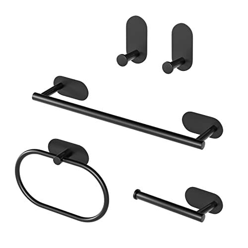 Black Towel Rail Wall Mounted Toilet Roll Holder Hand Towel Holders For Bathrooms & Kitchen Stainless Steel Towel Rack Self Adhesive Hooks - 5 Pieces