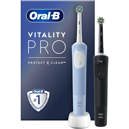 (Black/Blue Duo) Adult electric toothbrush, 2 brush heads, 3 brushing modes including extra sensitivity, 2-pin UK plug, black and purple