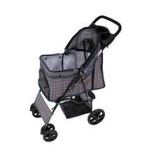 (Blue Tartan ) Pet Strollers with Rain Cover & Caddies