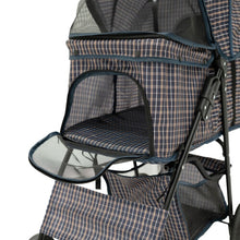 (Blue Tartan ) Pet Strollers with Rain Cover & Caddies