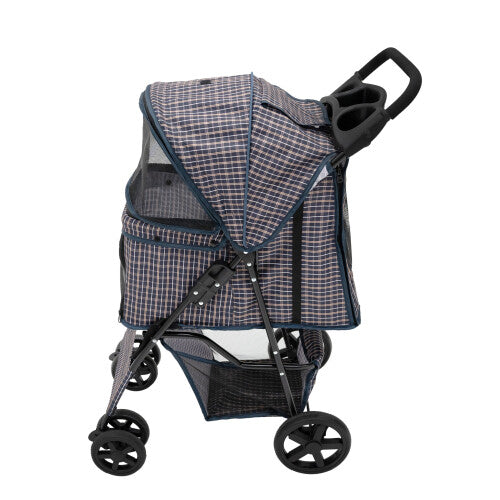 (Blue Tartan ) Pet Strollers with Rain Cover & Caddies