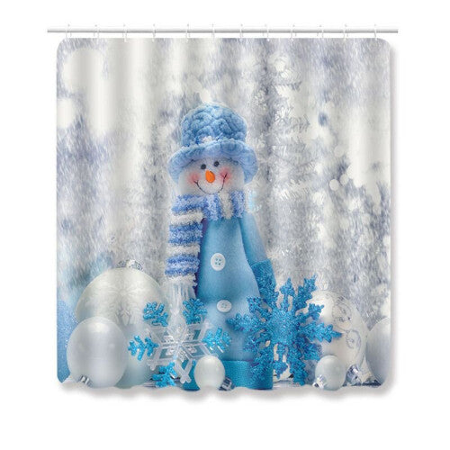 (Blue White-180x180cm) Xmas Cover Mat Pad Rug Bathroom 4pcs Christmas Shower Curtain Toilet Cushion Set