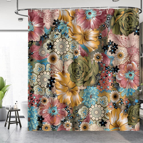 Boho Floral Shower Curtain Multi-Color Flowers Printed Bohemian Ethnic Style Shower Curtain Set with 12 Hooks, 72"¡Á72"