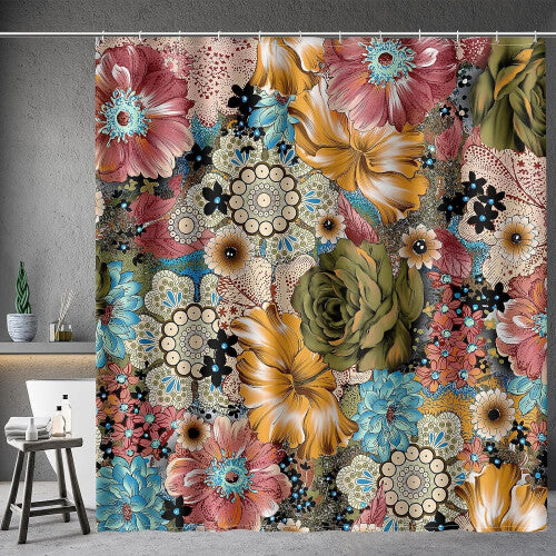 Boho Floral Shower Curtain Multi-Color Flowers Printed Bohemian Ethnic Style Shower Curtain Set with 12 Hooks, 72"¡Á72"